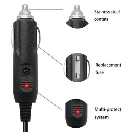2A Coiled Cable DC Power Supply Adapter for Car Charging showing cigarette lighter plug, replacement fuse, stainless contacts and multi-protect system