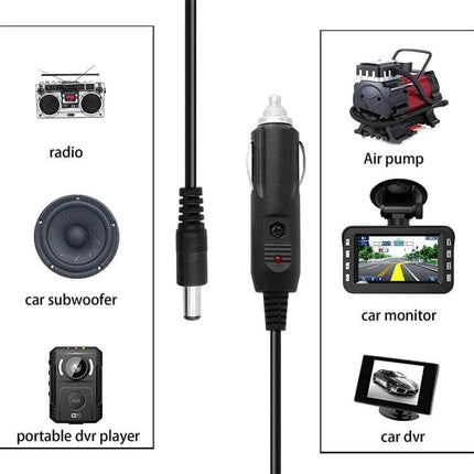 2A Coiled Cable DC Power Supply Adapter for Car Charging shown with car monitor dashcam radio and air pump, coiled cable preventing tangles