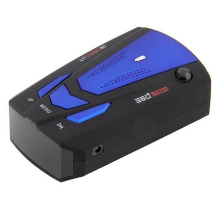 V7 Car Radar Detector for 360 Degree Speed Monitoring black and blue device angled product photo
