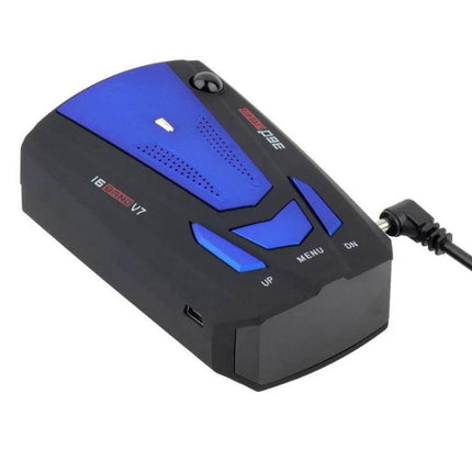 V7 Car Radar Detector for 360 Degree Speed Monitoring - compact black and blue radar detector with USB port and power cable