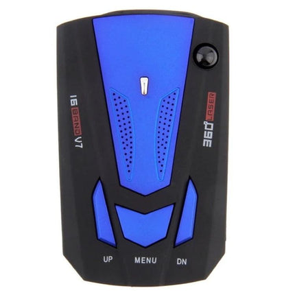 V7 Car Radar Detector for 360 Degree Speed Monitoring - blue and black compact radar detector with menu and up/down buttons