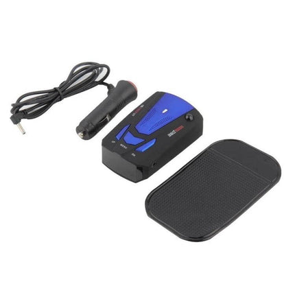 V7 Car Radar Detector for 360 Degree Speed Monitoring - compact blue-black radar detector with power cord and non-slip pad for car use