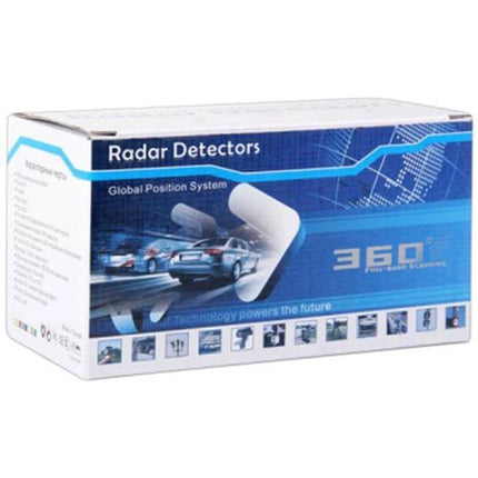V7 Car Radar Detector for 360 Degree Speed Monitoring box packaging showing 360° radar detector product