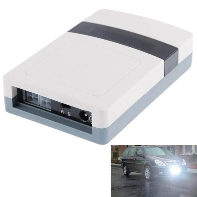 Car License Plate Anti-Radar Device for Traffic Protection white compact unit with flashing light mounted on car for camera alerts