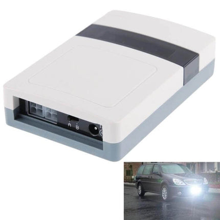 Car License Plate Anti-Radar Device for Traffic Protection white anti-radar box shown with car using flashing lights