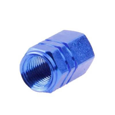 Blue Anodized Aluminum Tire Valve Stem Caps Set of 4 - single blue anodized aluminum valve cap close-up, fits most stems, protects valve core