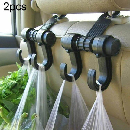Headrest Bag Hanger for Cars With Double Hooks, Easy Access holding grocery bags on car headrest to keep cabin neat and bags off the floor