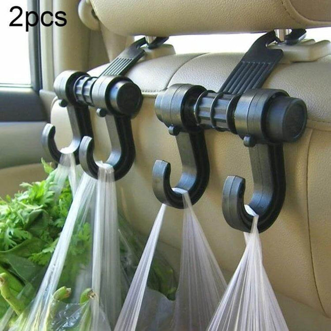 Headrest Bag Hanger for Cars With Double Hooks, Easy Access holding grocery bags on car headrest to keep cabin neat and bags off the floor