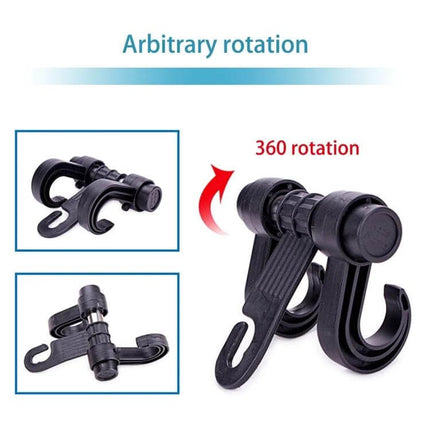 Headrest Bag Hanger for Cars With Double Hooks, Easy Access showing black 360° rotatable double hooks holding bags
