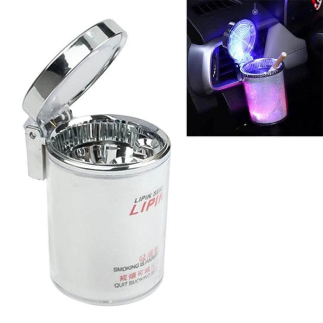 Portable 7 Color LED Car Ashtray For Most Cup Holders - compact PVC ashtray with 7-color LED lid, cigarette holder hole, fits most cup holders