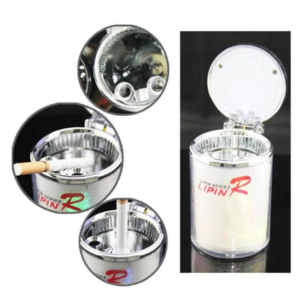 Portable 7 Color LED Car Ashtray For Most Cup Holders shown open with 7-color LED light, cigarette holder hole and compact PVC cup-holder fit