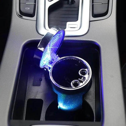 Portable 7 Color LED Car Ashtray For Most Cup Holders in car cup holder with blue LED lid open showing cigarette holder and stable fit
