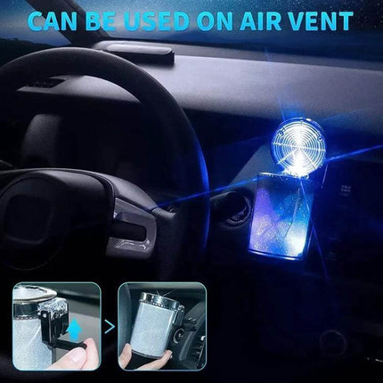 Portable 7 Color LED Car Ashtray For Most Cup Holders shown clipped to car air vent with glowing 7-color LED light and cigarette holder