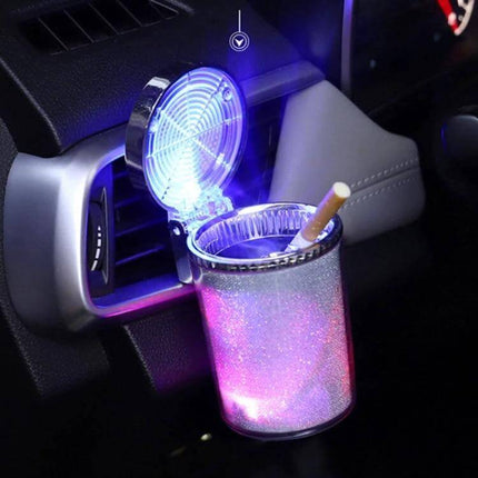 Portable 7 Color LED Car Ashtray For Most Cup Holders glowing in car cup holder with cigarette and 7-color LED light