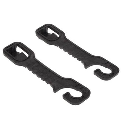 Plastic Car Seat Back Bottle And Bag Holder Hook For Backseat Use - pair of compact black plastic hooks for attaching bottles and bags to seatback