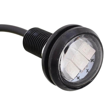 Eagle Eye White LED Daytime Running Light 2 Pack For Vehicles - close-up of black round LED housing with three white LEDs and wiring