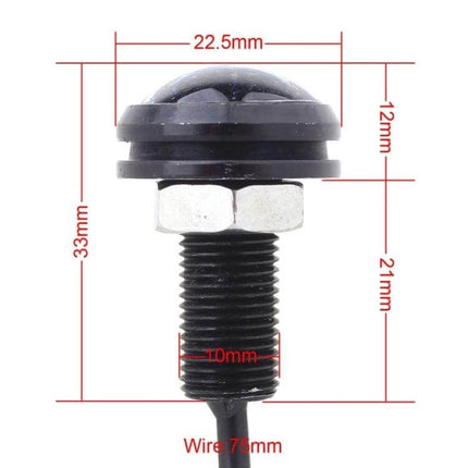 Eagle Eye White LED Daytime Running Light 2 Pack For Vehicles - compact threaded LED housing with nut and wiring, dimensions labeled 22.5mm x 33mm x 10mm