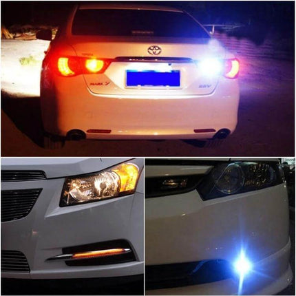 Eagle Eye White LED Daytime Running Light 2 Pack For Vehicles installed on rear and front showing bright white and amber lighting
