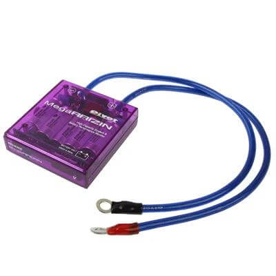 PIVOT Mega Raizin Voltage Stabilizer For Cars, Reliable Power - translucent purple 12V stabilizer with blue power cables and ring terminals