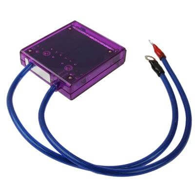 PIVOT Mega Raizin Voltage Stabilizer For Cars, Reliable Power - translucent purple 12V car stabilizer with blue leads and alligator clips