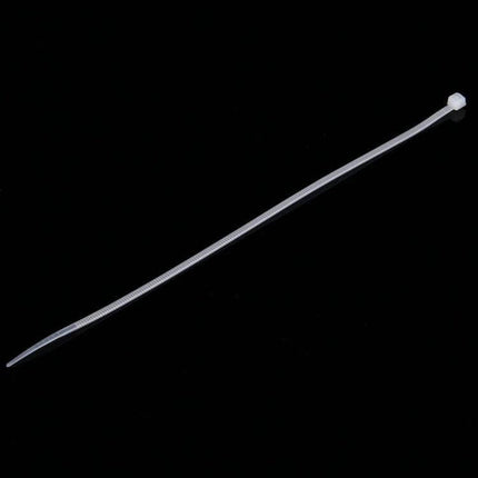 Self-Locking Nylon Cable Ties, 3mm x 150mm, Black and White Pack of 500 - single white tie on black background for bundling and securing cables