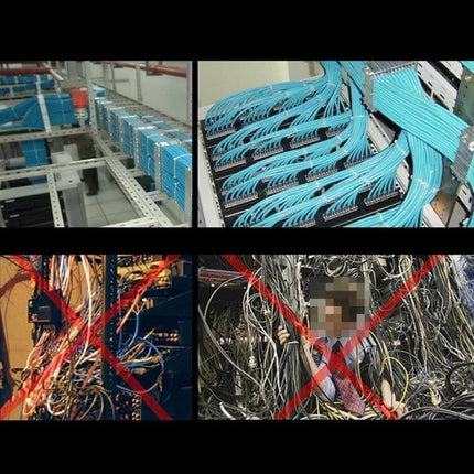 Self-Locking Nylon Cable Ties, 3mm x 150mm, Black and White Pack of 500 neatly bundling blue network cables in a server rack
