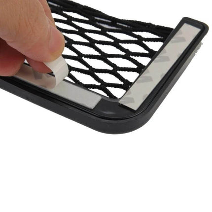 Elastic Car Net Storage Pocket with Adhesive, 20cm x 8cm - close-up of black elastic net pocket with 3M adhesive strip being peeled