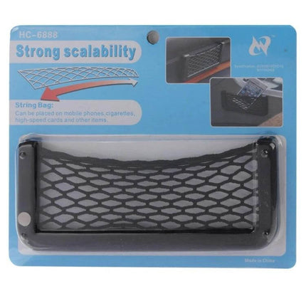 Elastic Car Net Storage Pocket with Adhesive, 20cm x 8cm - black elastic dashboard storage pocket with 3M adhesive mounted in retail packaging