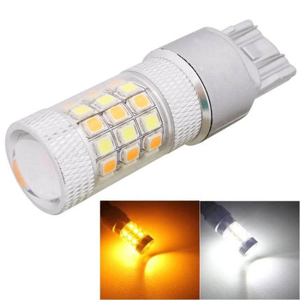 White and Amber LED Car Light Bulb for Parking and Turn Signals dual-color plug-and-play LED showing white parking light and amber turn signal