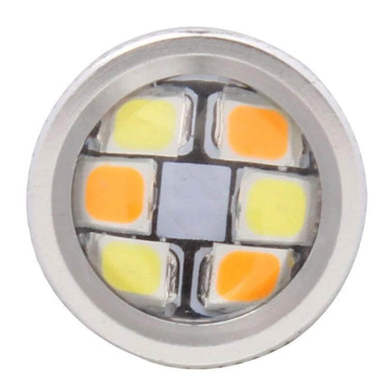 White and Amber LED Car Light Bulb for Parking and Turn Signals compact dual-color LED bulb close-up showing white and amber chips
