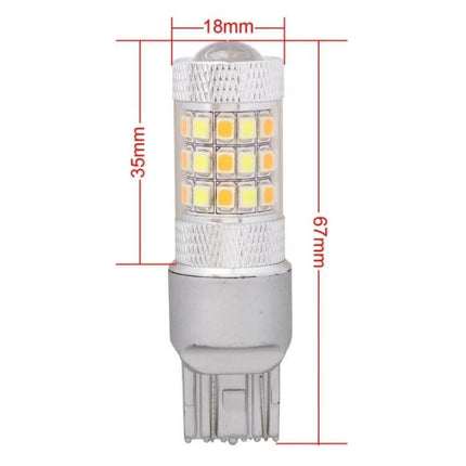 White and Amber LED Car Light Bulb for Parking and Turn Signals - compact dual-color T20 LED bulb with measurements 67mm x 18mm