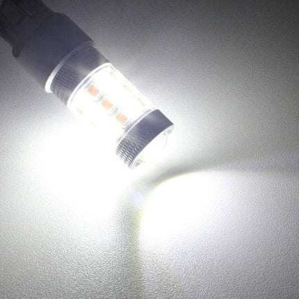 White and Amber LED Car Light Bulb for Parking and Turn Signals - dual-color plug-and-play replacement showing bright white parking light output