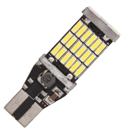 T15 White LED Car Parking Brake Light Bulbs 2 Pack – close-up of single plug-and-play white LED parking brake bulb with multiple SMD chips