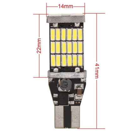 T15 White LED Car Parking Brake Light Bulbs 2 Pack - close-up of single T15 LED bulb with dimensions 14mm x 41mm x 22mm and multiple SMD chips