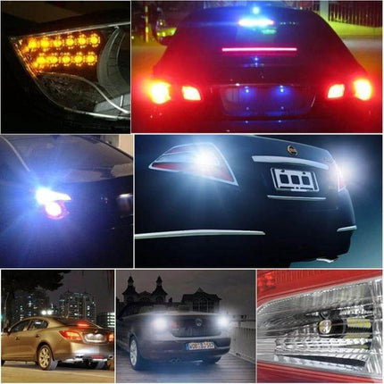 T15 White LED Car Parking Brake Light Bulbs 2 Pack bright plug-and-play replacement showing rear and front parking/turn signal illumination