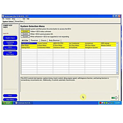 Toyota Diagnostic Cable for Routine Vehicle Checks at Home - laptop connected to Toyota ECU scan software showing system selection menu