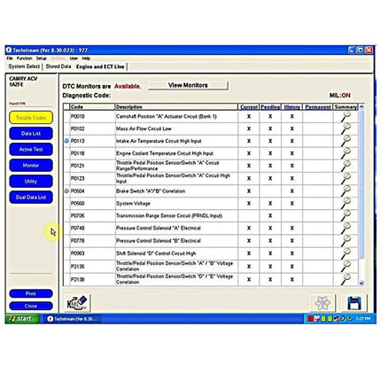Toyota Diagnostic Cable for Routine Vehicle Checks at Home - PC OBD scan showing Toyota DTC codes and live sensor data