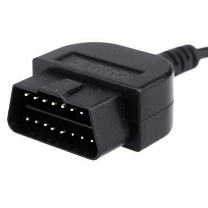 Reset Tool for BMW Service Intervals During Routine Maintenance connected OBD2 plug close-up, black diagnostic reset cable