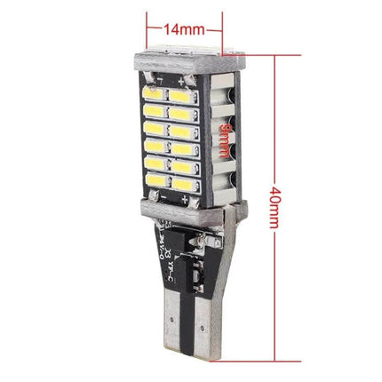 Pack Of 2 White LED Car Backup Lamps For Safe Parking compact 40mm T10 wedge bulb showing 14mm width and 9mm LED array