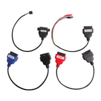 Carprog Tool for Everyday Car Repair and Maintenance Tasks showing assorted vehicle diagnostic and ECU programming adapter cables (Ford, Fiat, OBD)