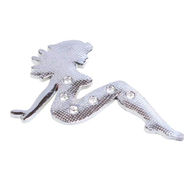Metal Chrome Badge with Beautiful Girl Diamond Design for Cars - shiny chrome girl silhouette badge with embedded diamonds for hood or trunk