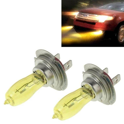 HOD H7 Halogen Bulbs 12V 3500K Yellow Light For Car Headlights - pair of yellow 12V H7 bulbs shown with car using foggy night beam
