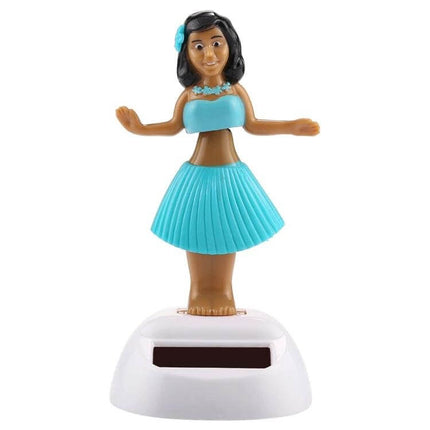 Solar Powered Bobble Head Dancing Car Ornament - Hula Princess on white base with turquoise outfit and adhesive dash mount