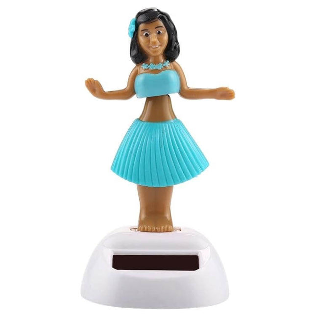 Solar Powered Bobble Head Dancing Car Ornament - Hula Princess on white base with turquoise outfit and adhesive dash mount