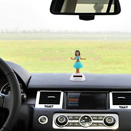 Solar Powered Bobble Head Dancing Car Ornament - Hula Princess bobble-head hula dancer on car dashboard with solar panel base