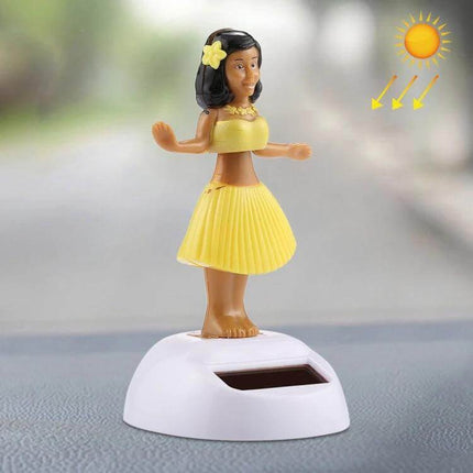 Solar Powered Bobble Head Dancing Car Ornament - Hula Princess on white base with yellow skirt, solar panel for dashboard decoration