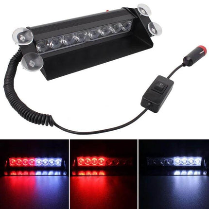 Car Emergency Dash Strobe Light With Three Modes For Vehicle Safety - 8 LED dash strobe with cigarette lighter plug, suction mounts, wired switch, red/blue/white modes