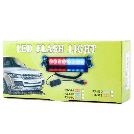 Car Emergency Dash Strobe Light With Three Modes For Vehicle Safety - 8 LED dash strobe with cigarette lighter plug shown in box, windshield mountable