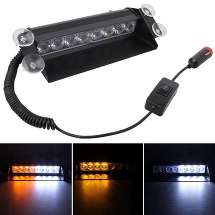 Car Emergency Dash Strobe Light With Three Modes For Vehicle Safety - 8 LED dash strobe with cigarette lighter plug, suction mount and 3-mode amber/white warning
