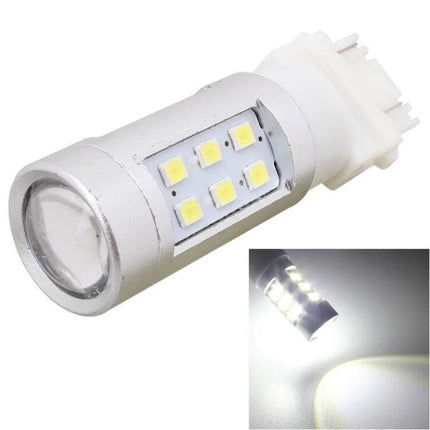 T25 White LED Car Brake Light Bulbs 2 Pack for Parking Lights - white T25 LED bulb close-up showing 6 LEDs and bright illumination